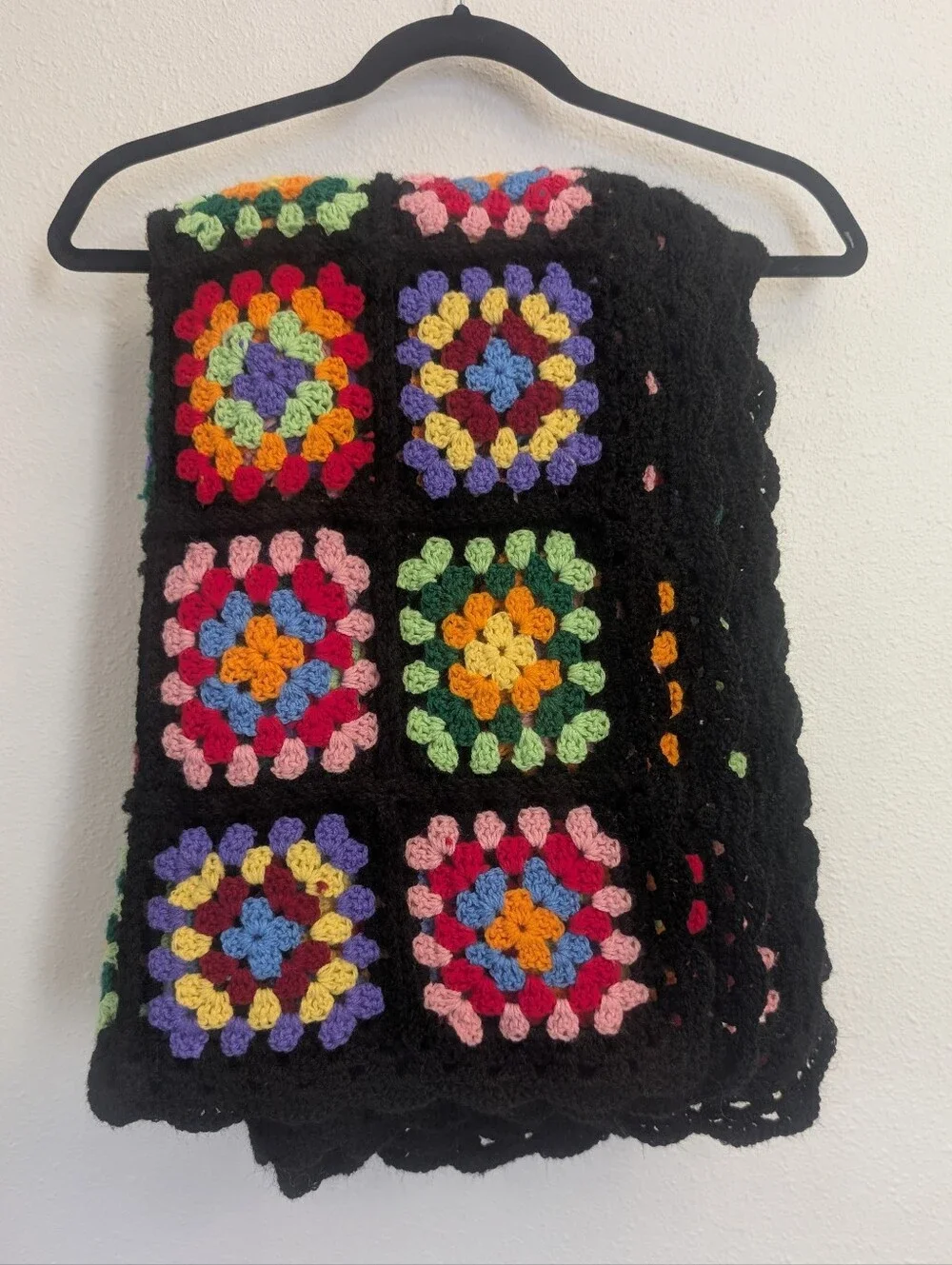 Vintage Granny Square Crochet Throw Blanket Black Multicolor Retro Boho 52 x 66